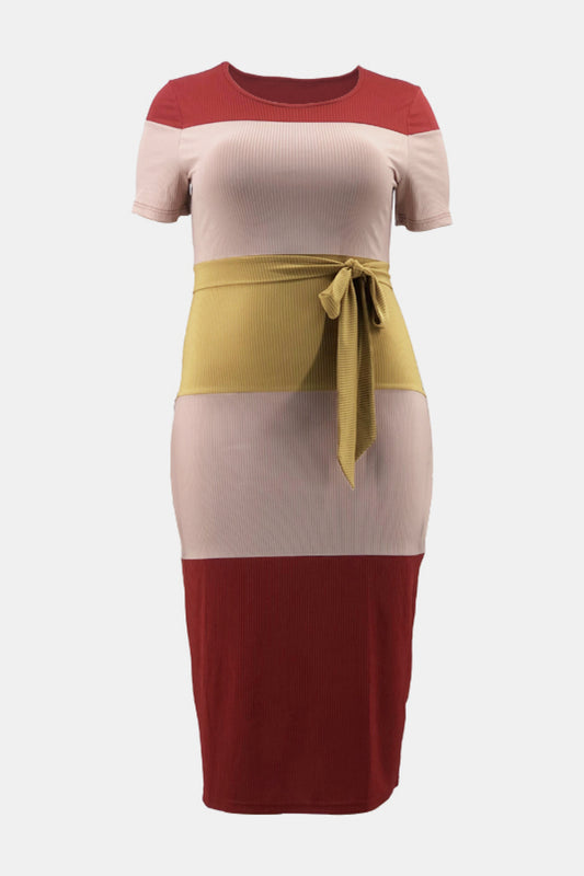 Plus Size Color Block Ribbed Tie Waist Dress