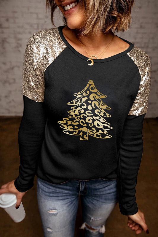 Leopard Christmas Tree Graphic Sequined Top