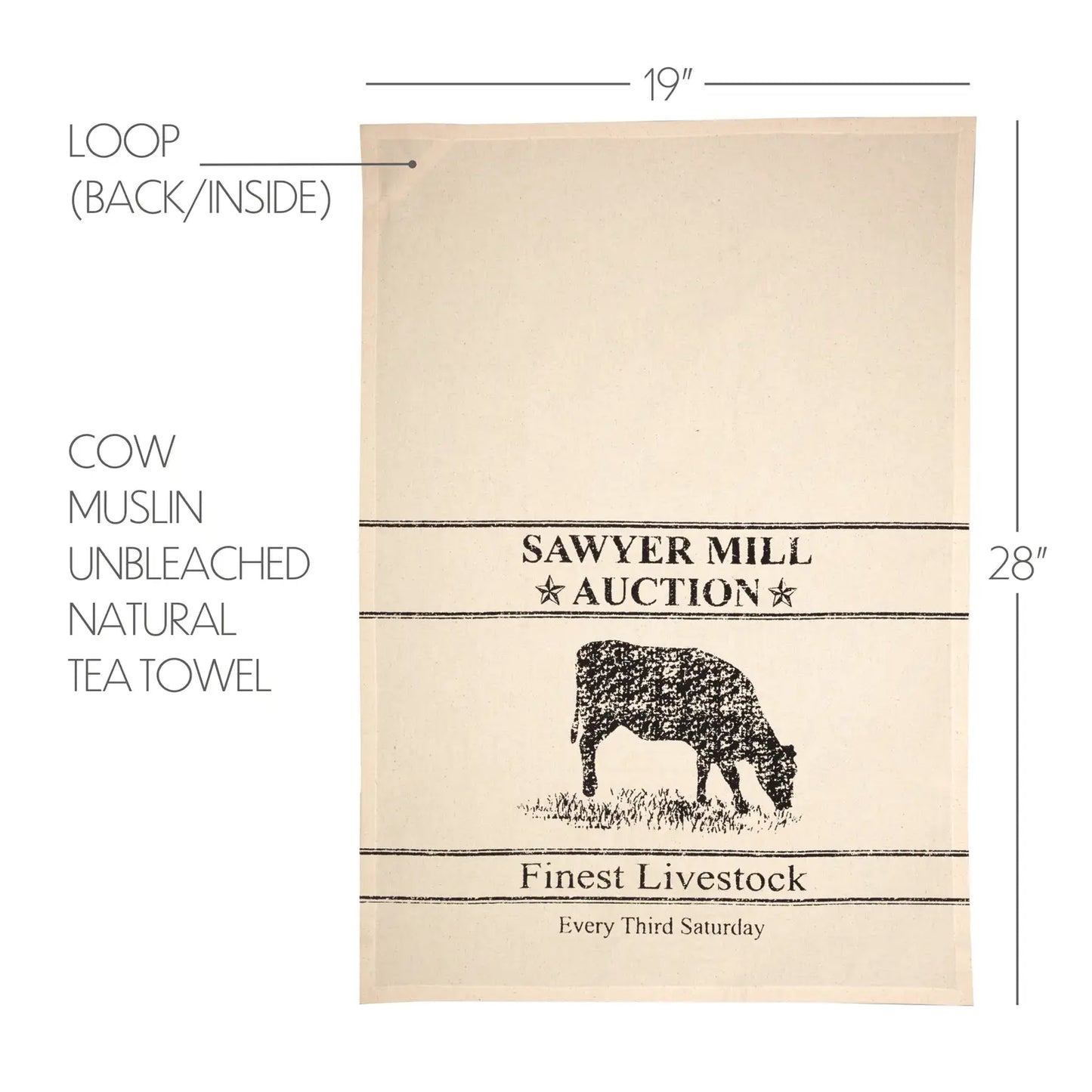 Sawyer Mills Charcoal Cow Muslin Unbleached Natural Tea Towel