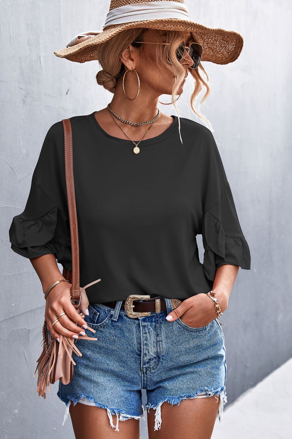 Flare Sleeve Round Neck Tee